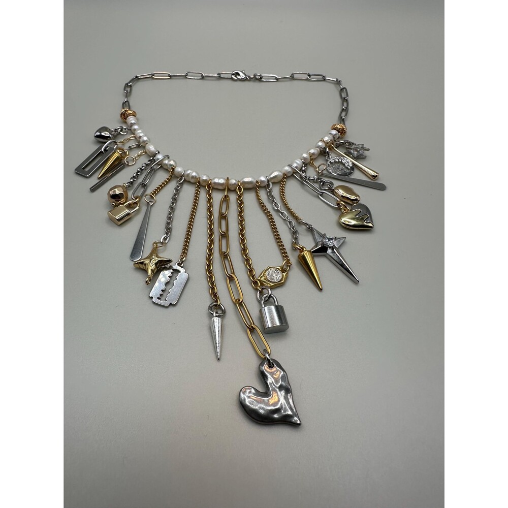 15 inch Chunky Charm Choker – Freshwater Pearls, Mixed Metal Statement Necklace